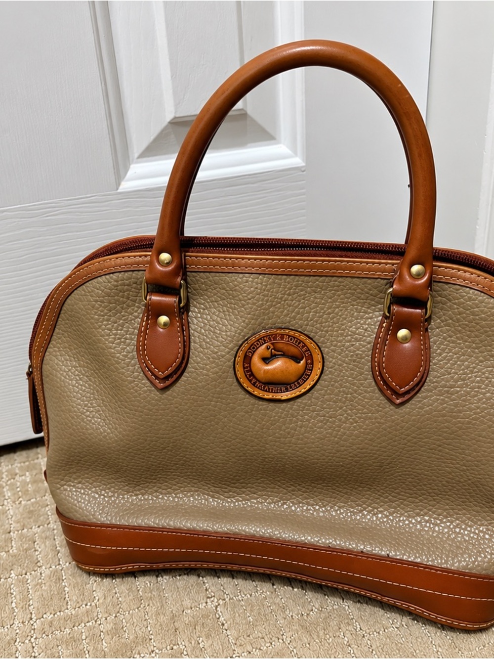 Dooney & Bourke Beige Pebbled Leather Satchel with Chestnut Trim